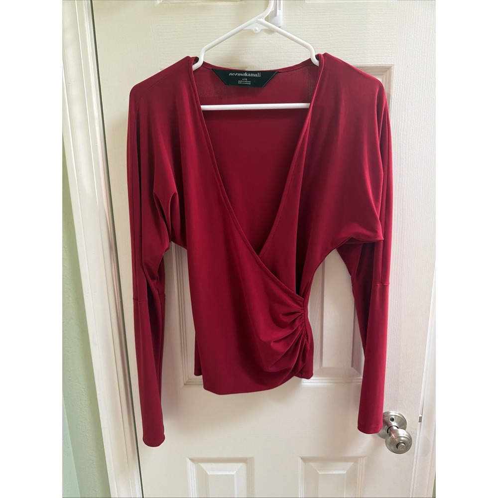 Norma Kamali Red Surplice Blouse Sz Sm Red Top Shirt Ruched Workwear